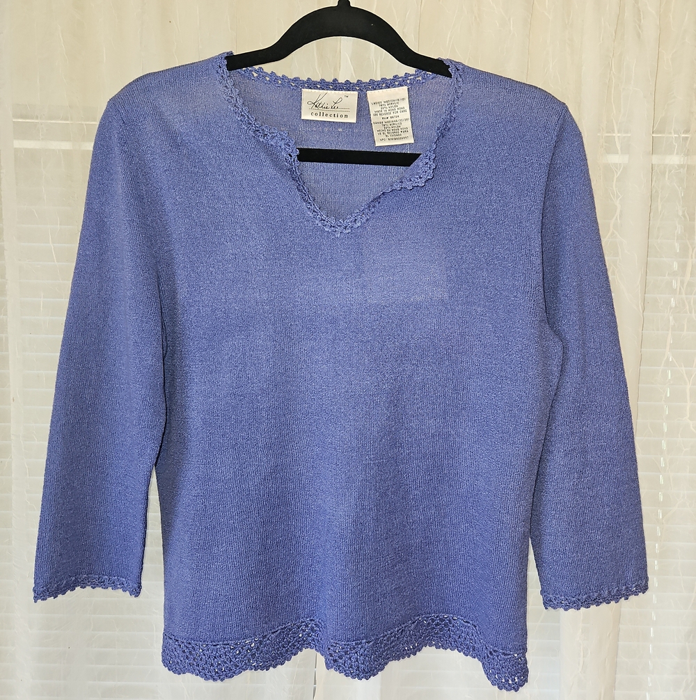 Kathie Lee Collection Grapemist Crochet Hem Split Neck Pullover Knit Top